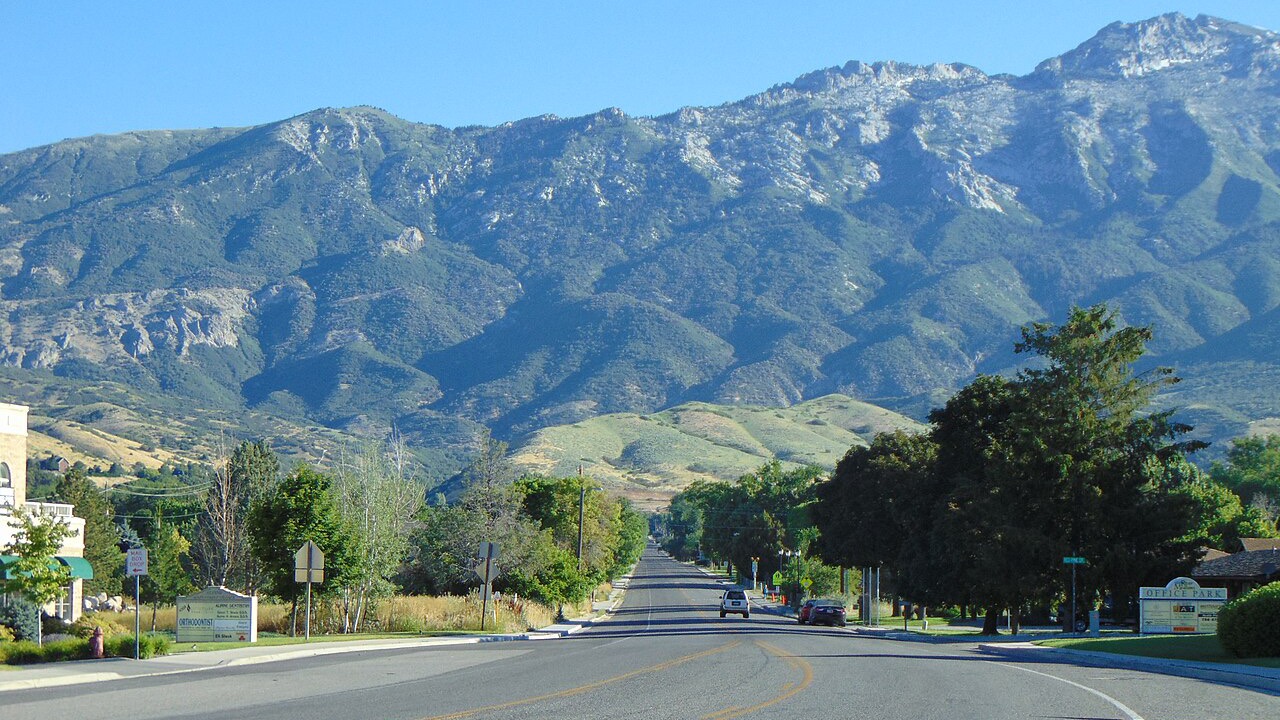 Alpine, Utah nestled against the Wasatch Mountain peaks